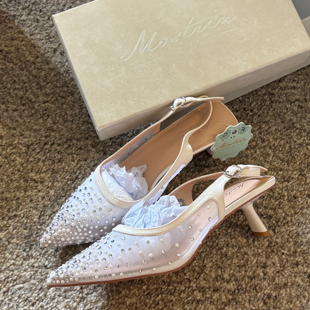 White Rhinestone & Pearl Mesh Kitten Heels